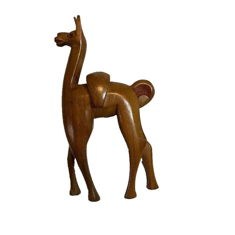 Vintage MidCentury Modern Handcarved Wooden Llama Alpaca  7" Tall Figurine